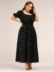 Vestido línea A de lunares de cuello cuadrado de manga farol - Negro - Ver 3