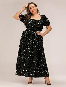 Vestido línea A de lunares de cuello cuadrado de manga farol - Negro - Ver 4