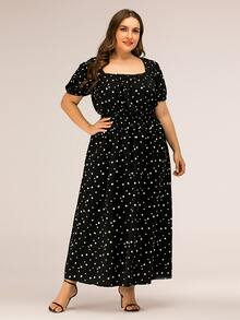 Vestido línea A de lunares de cuello cuadrado de manga farol - Negro - Ver 5