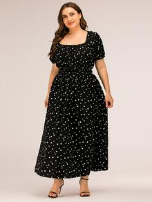 Vestido línea A de lunares de cuello cuadrado de manga farol - Negro - Ver 6