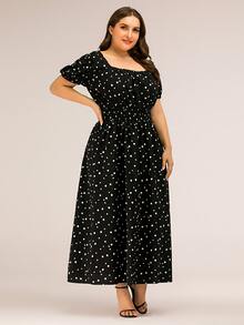Vestido línea A de lunares de cuello cuadrado de manga farol - Negro - Ver 7
