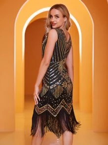 ANGEL FASHIONS Đầm ghép mộng kim sa mép Hoa Sọc Buổi tiệc - màu đen - Xem 2