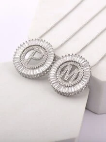 1入組方晶鋯石字母裝飾圓形吊飾項鍊 - 銀色 - 查看 6