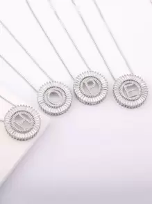 1入組方晶鋯石字母裝飾圓形吊飾項鍊 - 銀色 - 查看 7