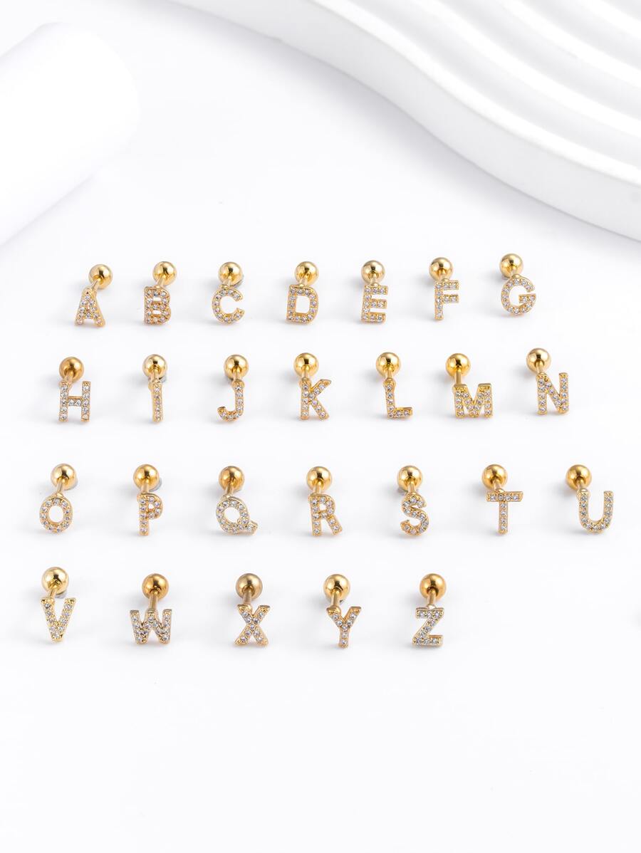 方晶鋯石字母裝飾耳釘 - 金黃色 - 查看 1