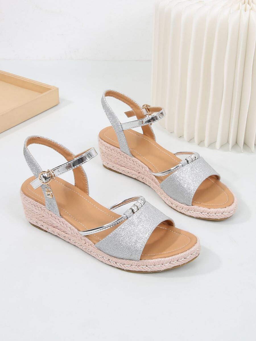 女式水鑽裝飾踝帶涼鞋度假銀色閃光坡跟涼鞋 - 銀色 - 查看 1