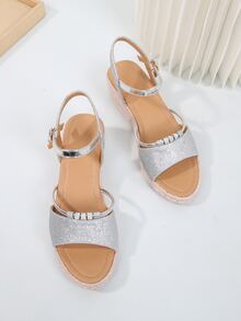 女式水鑽裝飾踝帶涼鞋度假銀色閃光坡跟涼鞋 - 銀色 - 查看 2