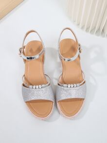 女式水鑽裝飾踝帶涼鞋度假銀色閃光坡跟涼鞋 - 銀色 - 查看 4