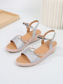 女式水鑽裝飾踝帶涼鞋度假銀色閃光坡跟涼鞋 - 銀色 - 查看 5