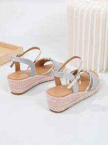 女式水鑽裝飾踝帶涼鞋度假銀色閃光坡跟涼鞋 - 銀色 - 查看 6