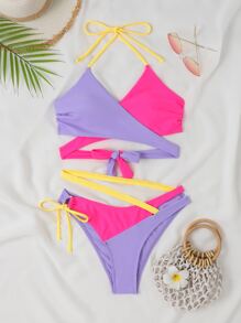SHEIN Conjunto de bikini de verano tipo wrap halter con bloques de color para playa - Multicolor - Ver 3