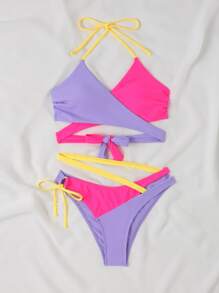 SHEIN Conjunto de bikini de verano tipo wrap halter con bloques de color para playa - Multicolor - Ver 5