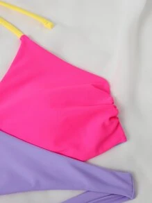 SHEIN Conjunto de bikini de verano tipo wrap halter con bloques de color para playa - Multicolor - Ver 7
