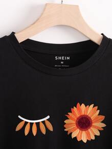 INAWLY Camiseta con estampado de girasol - Negro - Ver 3