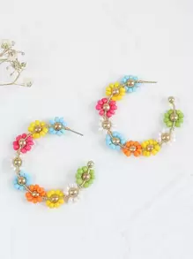 Flower Decor Cuff Hoop Earrings - Multicolor - View 1