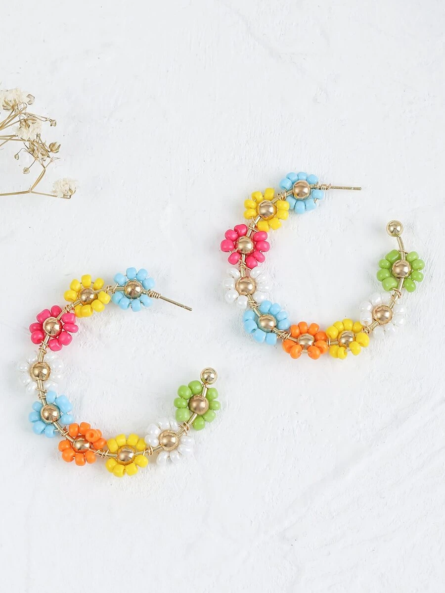 Flower Decor Cuff Hoop Earrings - Multicolor - View 1