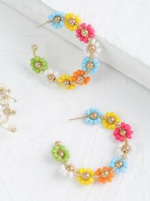 Flower Decor Cuff Hoop Earrings - Multicolor - View 2