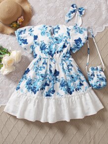 SHEIN Young Girl Floral Print Ruffle Hem Dress With Bag