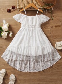 Niñas Vestido de hombros descubiertos bajo con fruncido con encaje - Blanco - Ver 1