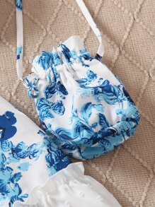SHEIN Young Girl Floral Print Ruffle Hem Dress With Bag