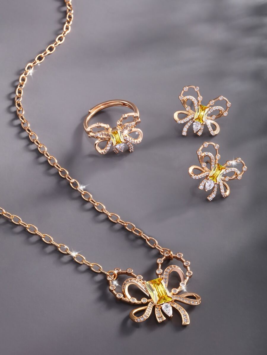 4 piezas / set conjunto de joyas de decoración de arco de diamantes de imitación - Amarillo - Ver 1