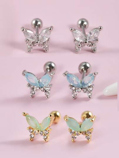 اقراط مسماري مكعب زركونيا زخرفة فراشة