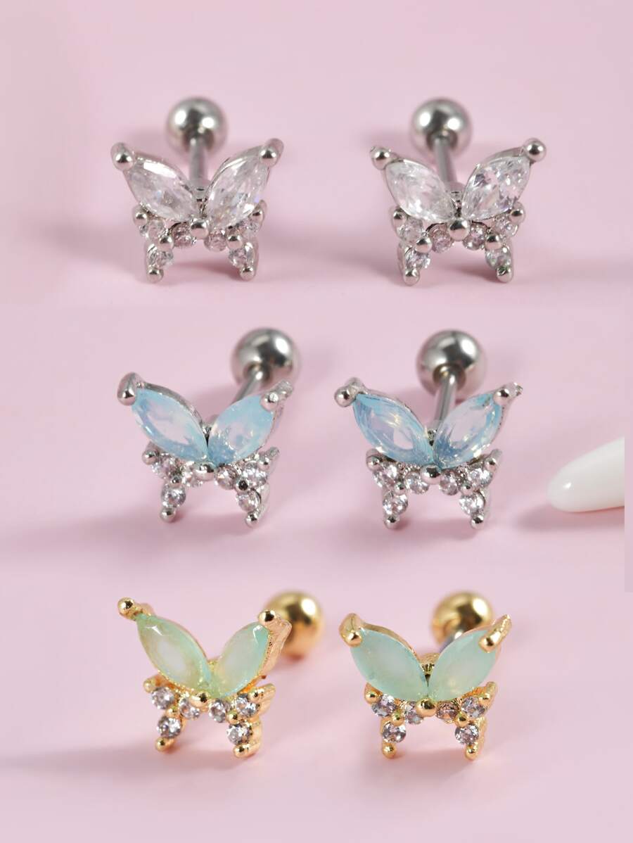 Bông tai hình con bướm trang trí bằng đá Zirconia - Bạc - Xem 1