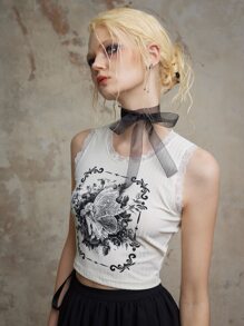 ROMWE Fairycore Áo khoác và áo lót dành cho xe tăng nữ Tương phản ren Gân đan Con số Giải trí - trắng - Xem 3