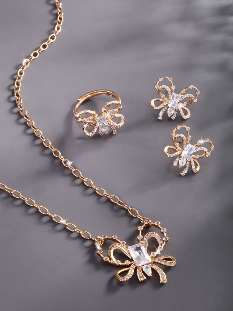 4pcs/set Rhinestone Bow Decor Jewelry Set - White - View 1