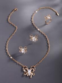 4pcs/set Rhinestone Bow Decor Jewelry Set - White - View 2