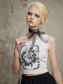 ROMWE Fairycore Áo khoác và áo lót dành cho xe tăng nữ Tương phản ren Gân đan Con số Giải trí - trắng - Xem 5