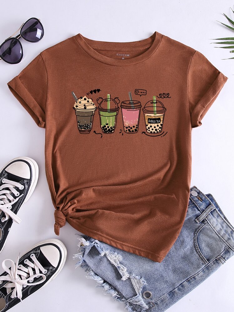 SHEIN LUNE Camiseta bebidas con estampado - Óxido marrón - Ver 1