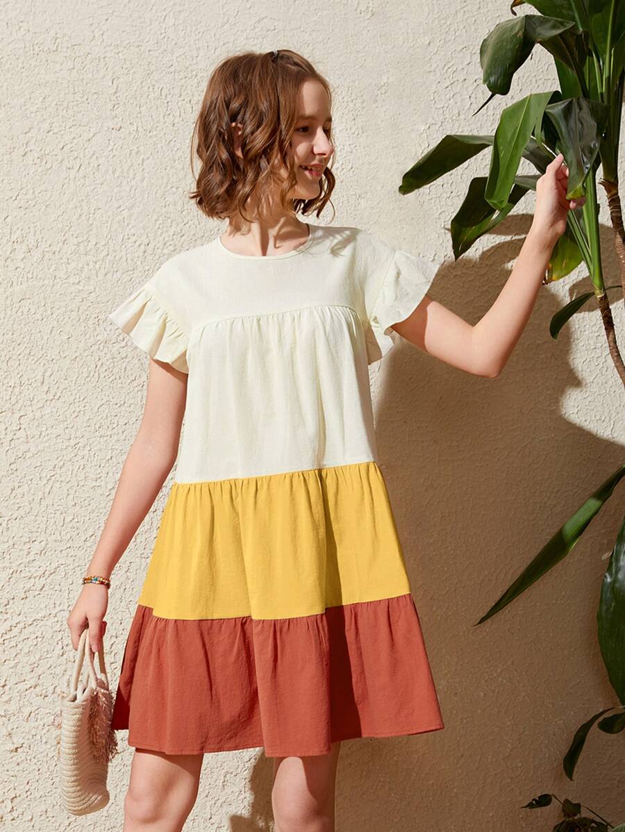 SHEIN 青少年女孩撞色荷葉邊娃娃裙 - 彩色 - 查看 1