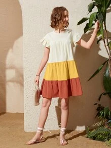 SHEIN 青少年女孩撞色荷葉邊娃娃裙 - 彩色 - 查看 3