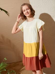 SHEIN 青少年女孩撞色荷葉邊娃娃裙 - 彩色 - 查看 4