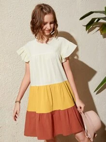 SHEIN 青少年女孩撞色荷葉邊娃娃裙 - 彩色 - 查看 5