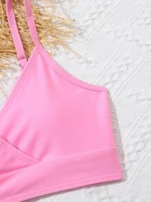 青少年女孩热带印花比基尼套装与和服夏季海滩 - 粉色 - 查看 4