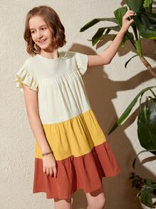 SHEIN 青少年女孩撞色荷葉邊娃娃裙 - 彩色 - 查看 6