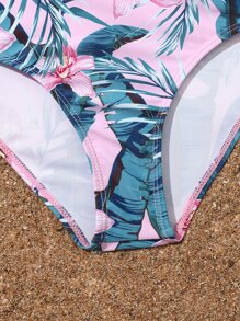 青少年女孩热带印花比基尼套装与和服夏季海滩 - 粉色 - 查看 6