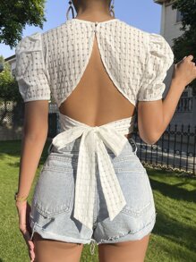 SHEIN Privé Camisa crop de espalda abierta con cordón de manga farol - Blanco - Ver 1