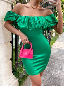 SHEIN SXY Off Shoulder Ruffle Trim Bodycon Dress - Green - View 3