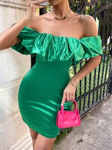 SHEIN SXY Off Shoulder Ruffle Trim Bodycon Dress - Green - View 1