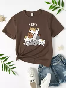 Girls' Cute And Fashionable Cartoon Cat & Letter Print Coffee Color Short Sleeve T-Shirt - Coffee Brown - View 1