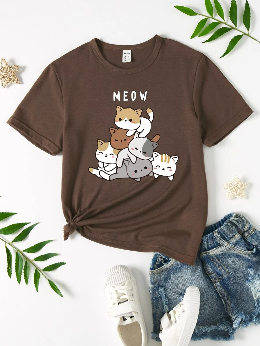 Girls' Cute And Fashionable Cartoon Cat & Letter Print Coffee Color Short Sleeve T-Shirt - Coffee Brown - View 1