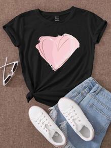 SHEIN Essnce Heart Print Round Neck Tee - Black - View 1