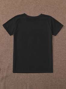 SHEIN Essnce Heart Print Round Neck Tee - Black - View 2