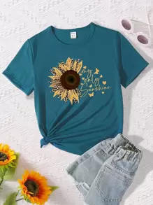 SHEIN Tween Girl Street Fashion Sunflower Butterfly Pattern Letter Print Basic Round Neck Short Sleeve T-Shirt Summer Holiday - Teal Blue - View 1