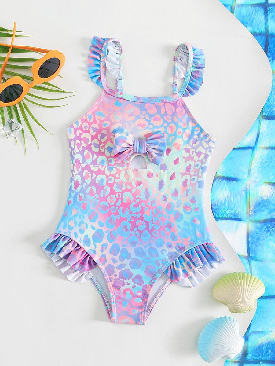 Toddler Girls Leopard Print Ruffle Trim Bow Front One Piece Swimsuit - Multicolor - View 1
