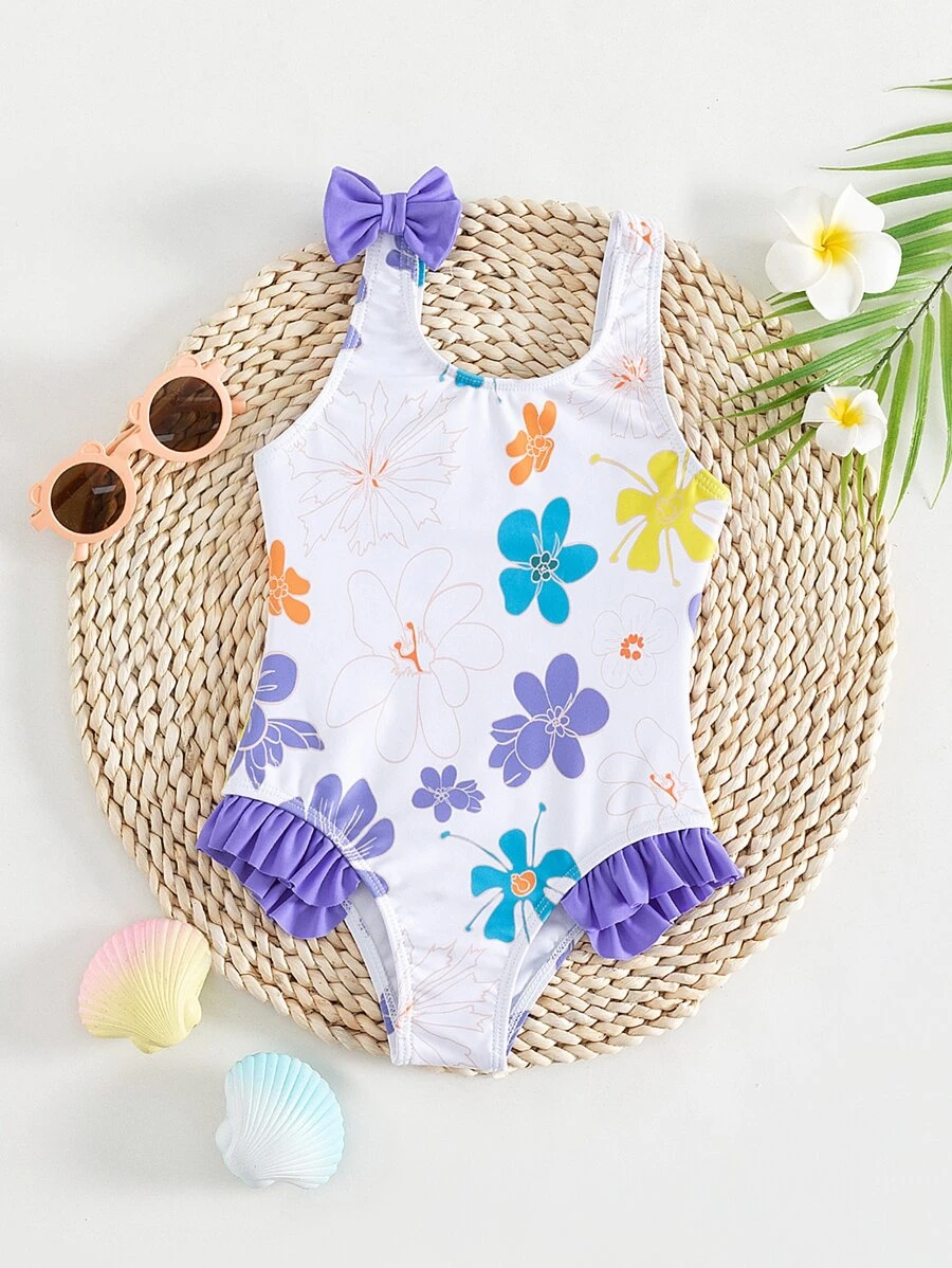 Toddler Girls 1pc Floral Print Bow Front Ruffle Trim One Piece Swimsuit - White - View 1