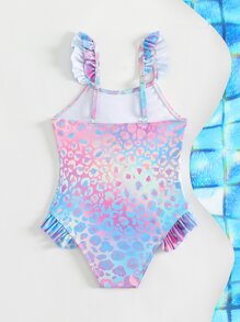 Toddler Girls Leopard Print Ruffle Trim Bow Front One Piece Swimsuit - Multicolor - View 2